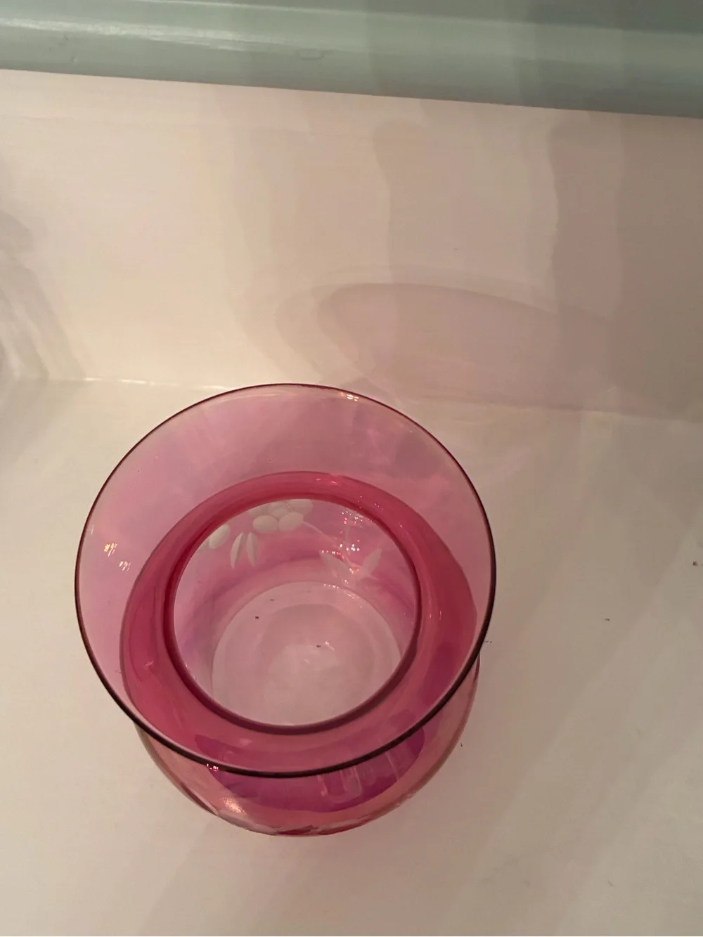 Vintage Iridescent, Cranberry Glass Vase with Hand, Etched Floral Design.